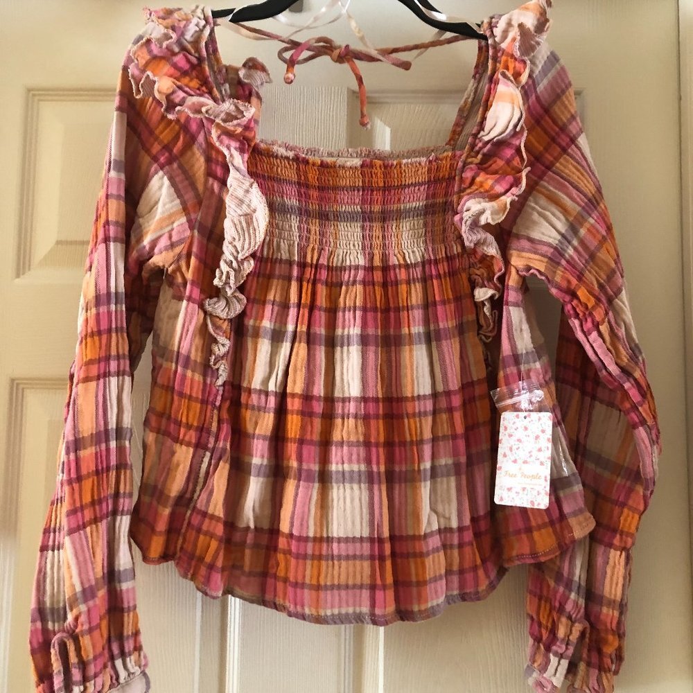 FREE PEOPLE Siena Plaid Orange Top  Tea Combo - XS